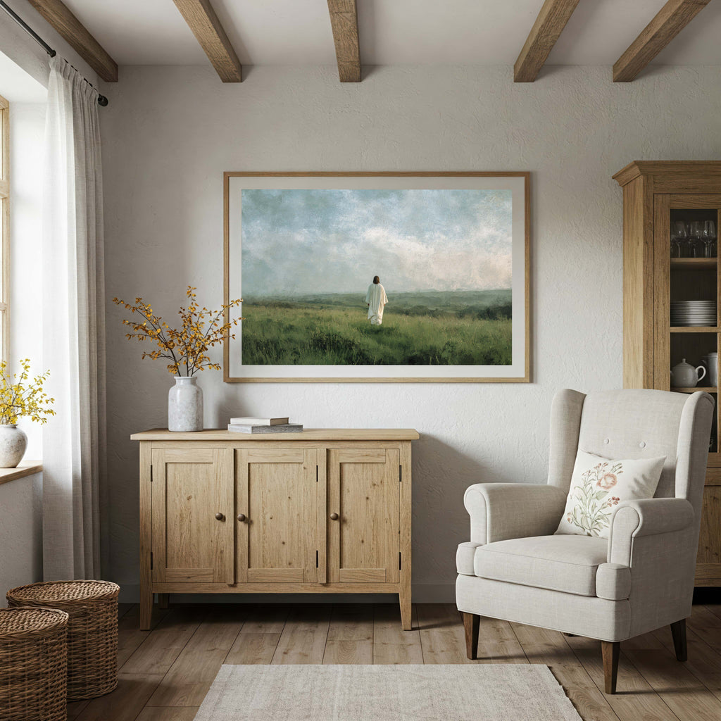“In the Stillness, I Am There” — Jesus in a Moody Field Art Print
