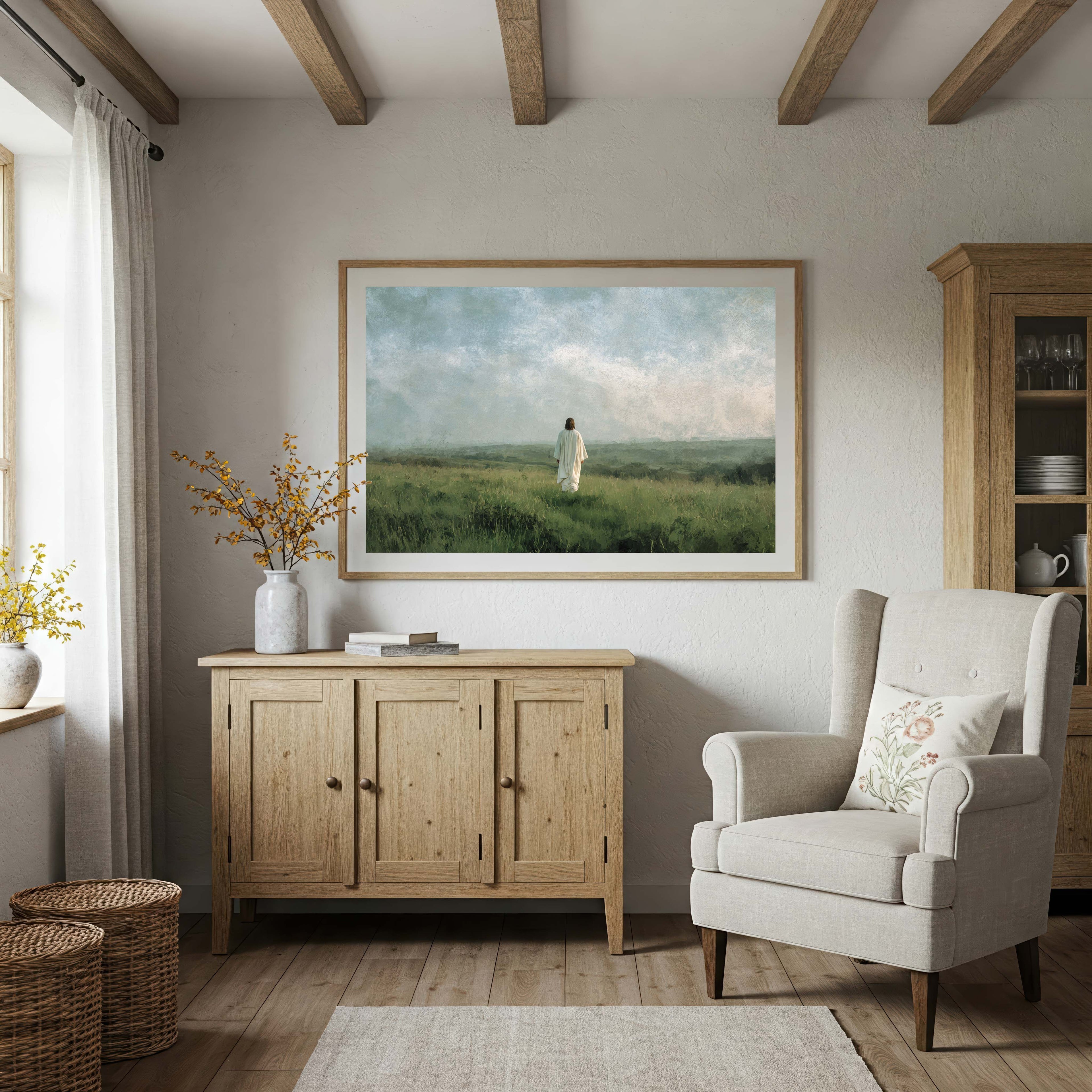 “In the Stillness, I Am There” — Jesus in a Moody Field Art Print