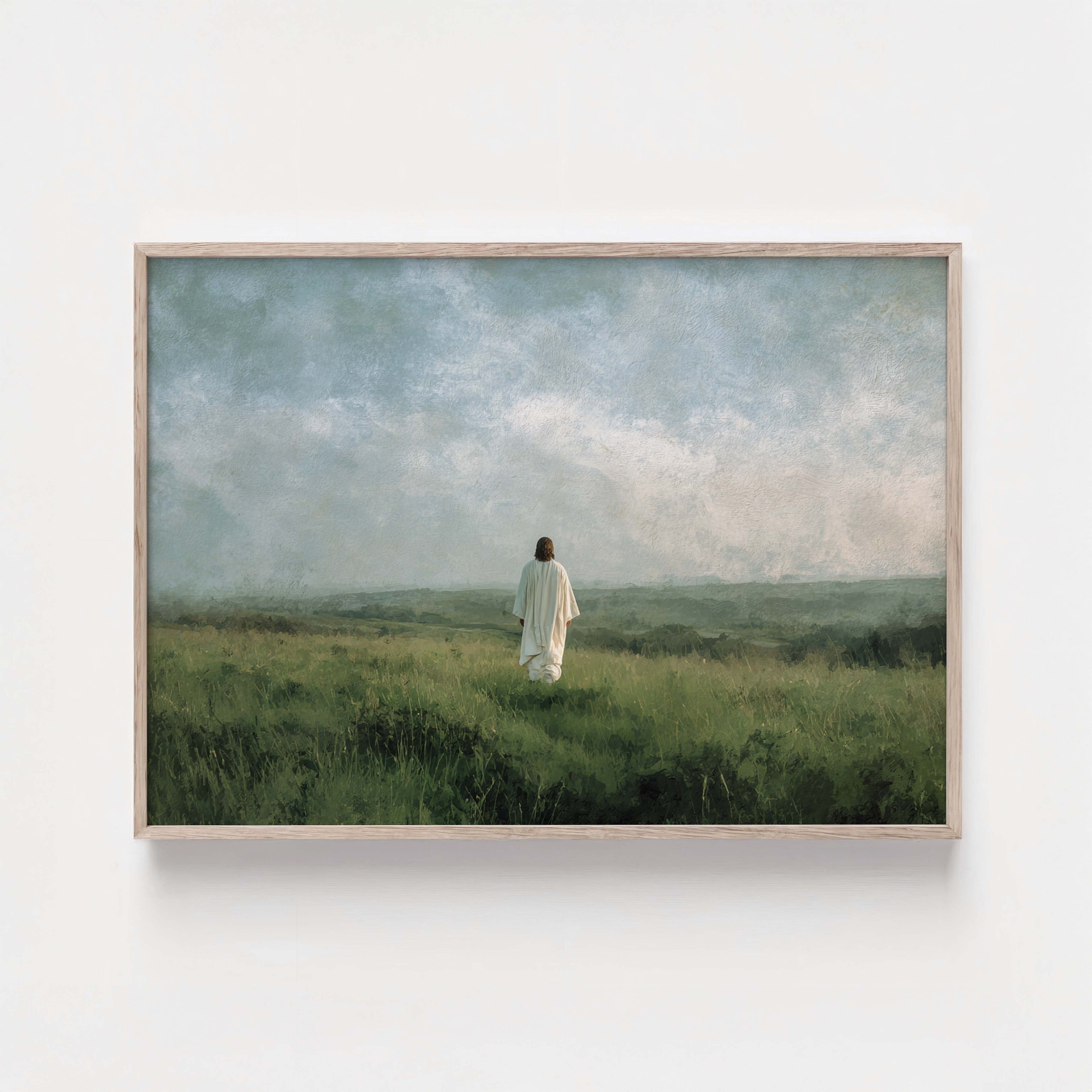 “In the Stillness, I Am There” — Jesus in a Moody Field Art Print