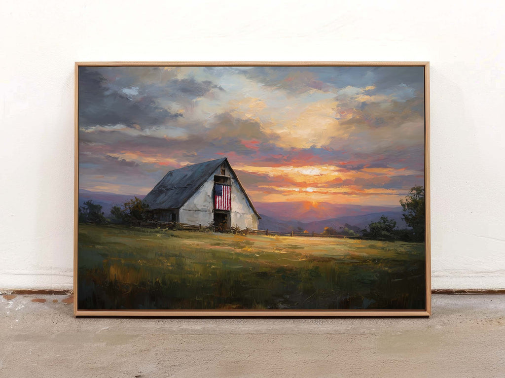White Barn at Dusk — Americana Country Landscape Print