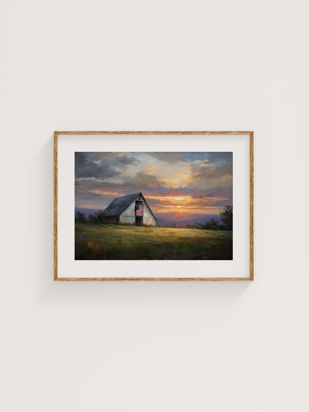 White Barn at Dusk — Americana Country Landscape Print