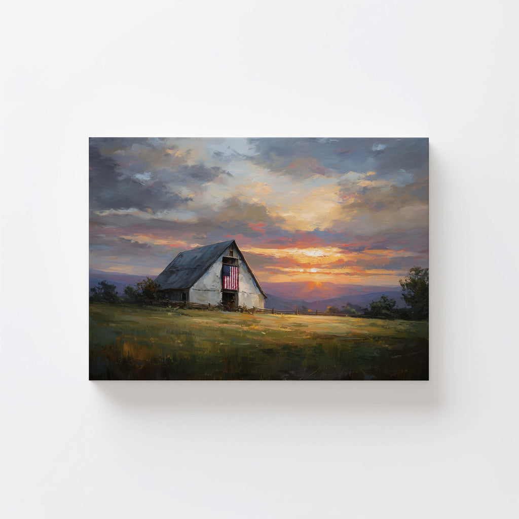 White Barn at Dusk — Americana Country Landscape Print