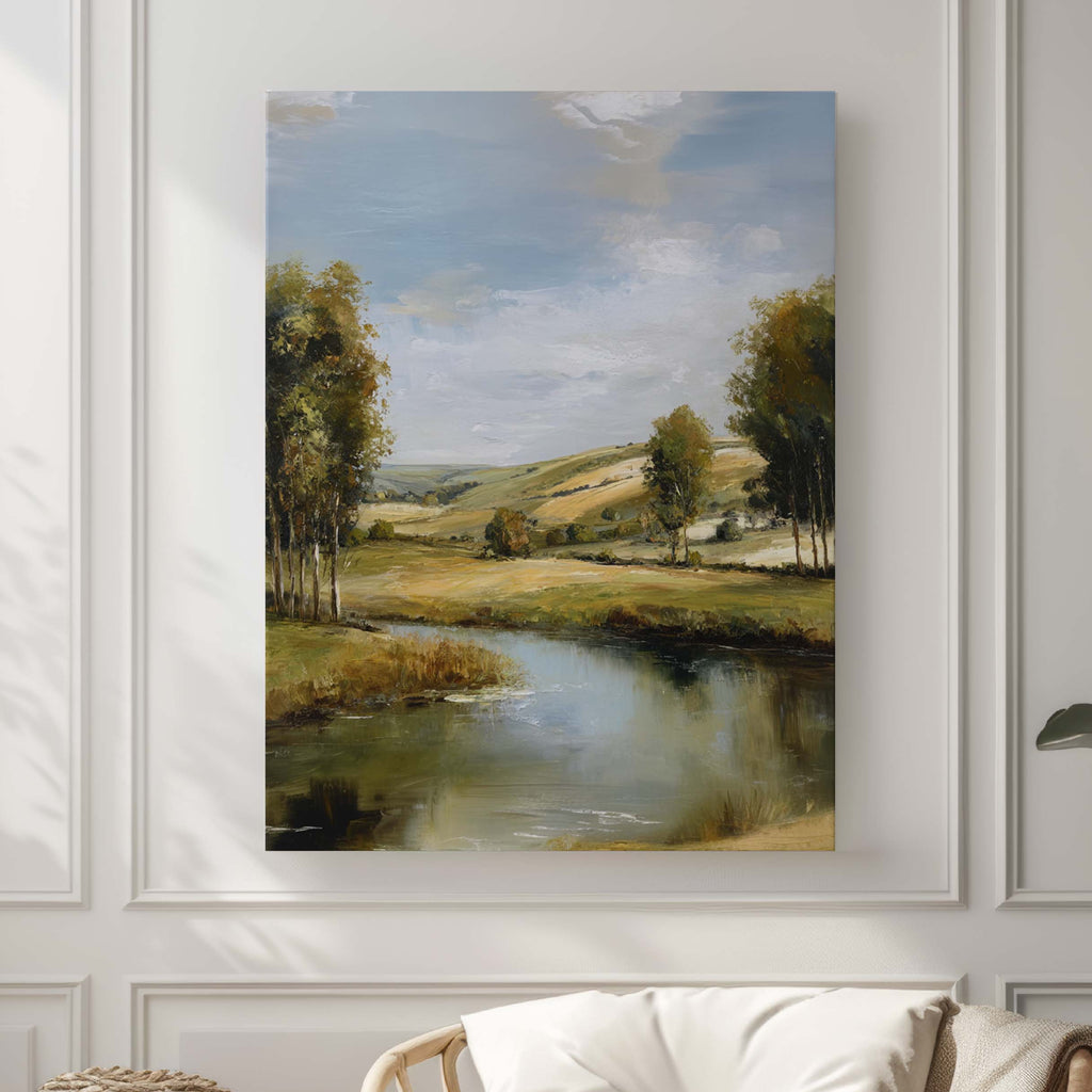 River Countryside Landscape Art Print — Peaceful Nature Wall Decor