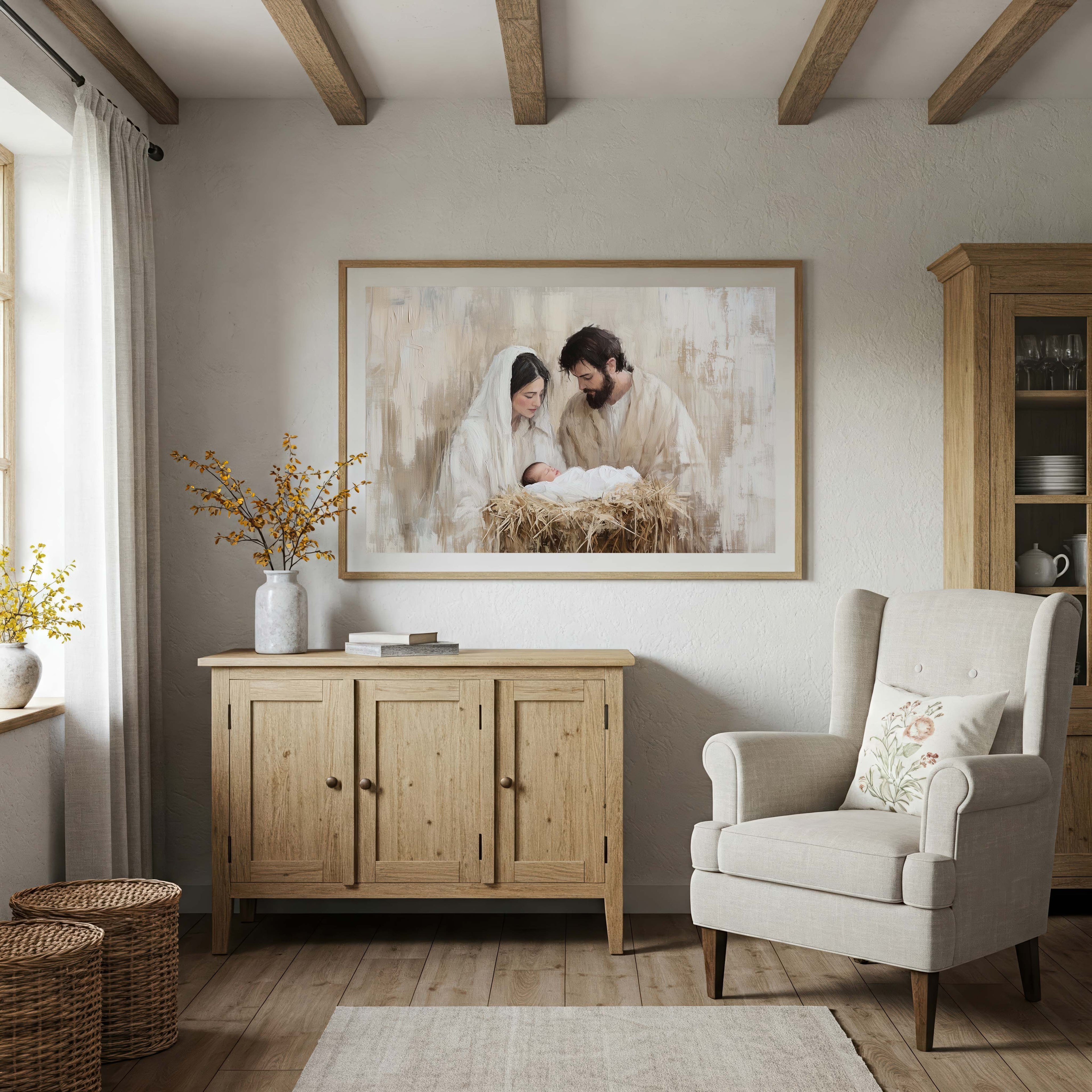 Simple Nativity Scene Art Print — Neutral Christmas Wall Décor