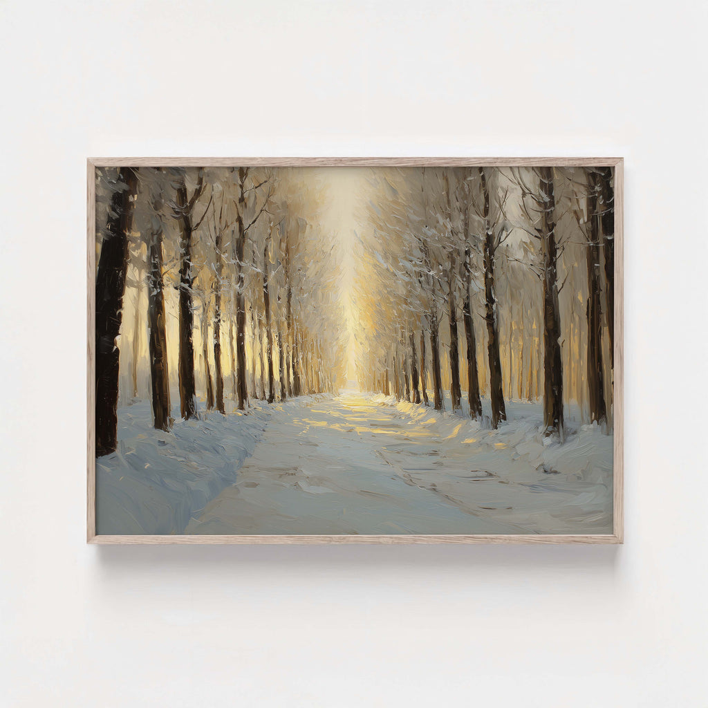 Snowy Golden Path Art Print | Winter Landscape with Light